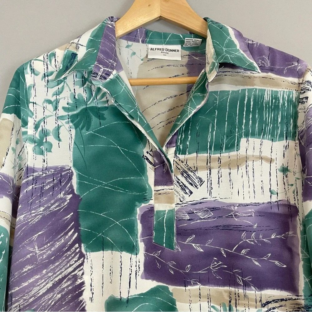 Vintage Blouse Women Abstract Tropical Polo Long Sleeve‎ Collar Shirred Smocked